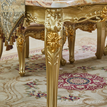 Ensemble de salle à manger doré de style européen en bois de chêne massif avec 6 chaises